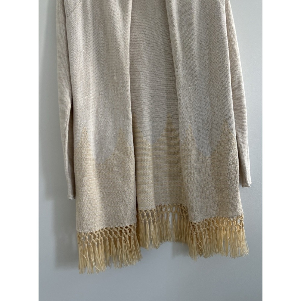 Lilly Pulitzer Tatum Long Fringe Hem Open BeigeGold Strings Sweater/Cardigan SzS - Picture 4 of 13